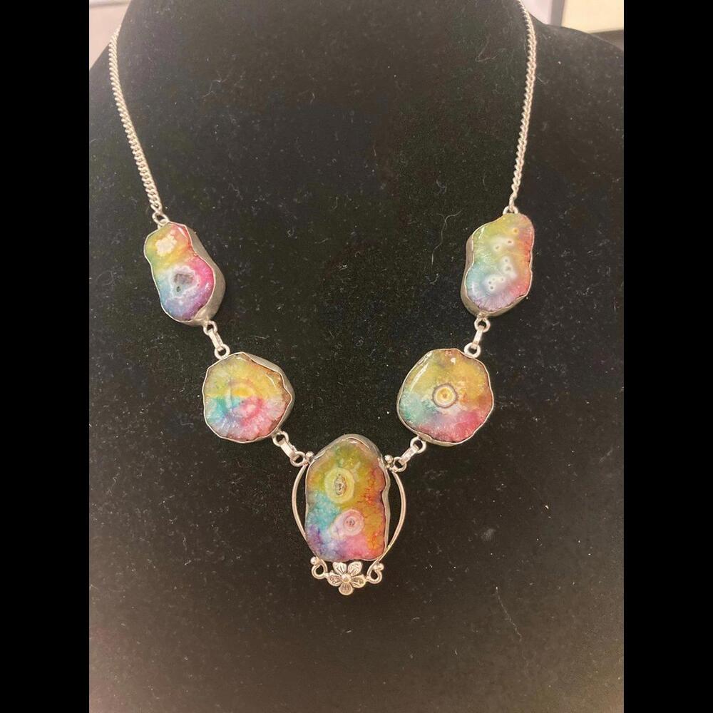 Stunning Sterling Rainbow Agate Stone Necklace - Picture 6 of 10